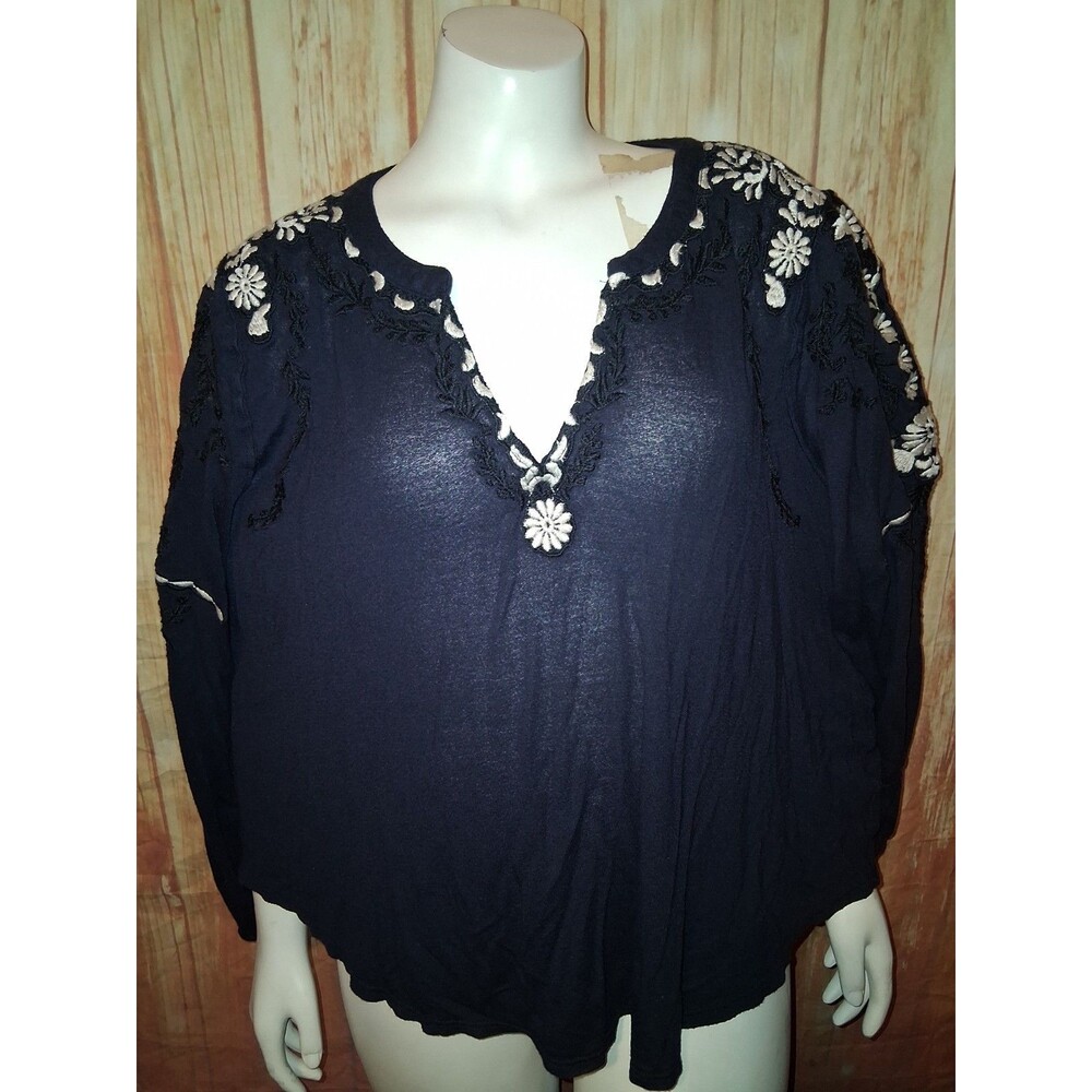 Lucky Brand Navy Floral Embroidered Long Sleeve V-neck Blouse Sz 1X